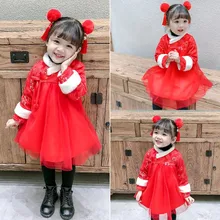 Детские платья для девочек, новогодний костюм в стиле Тан платья принцессы в китайском стиле хлопковое мягкое кружевное платье до колена с цветами для девочек