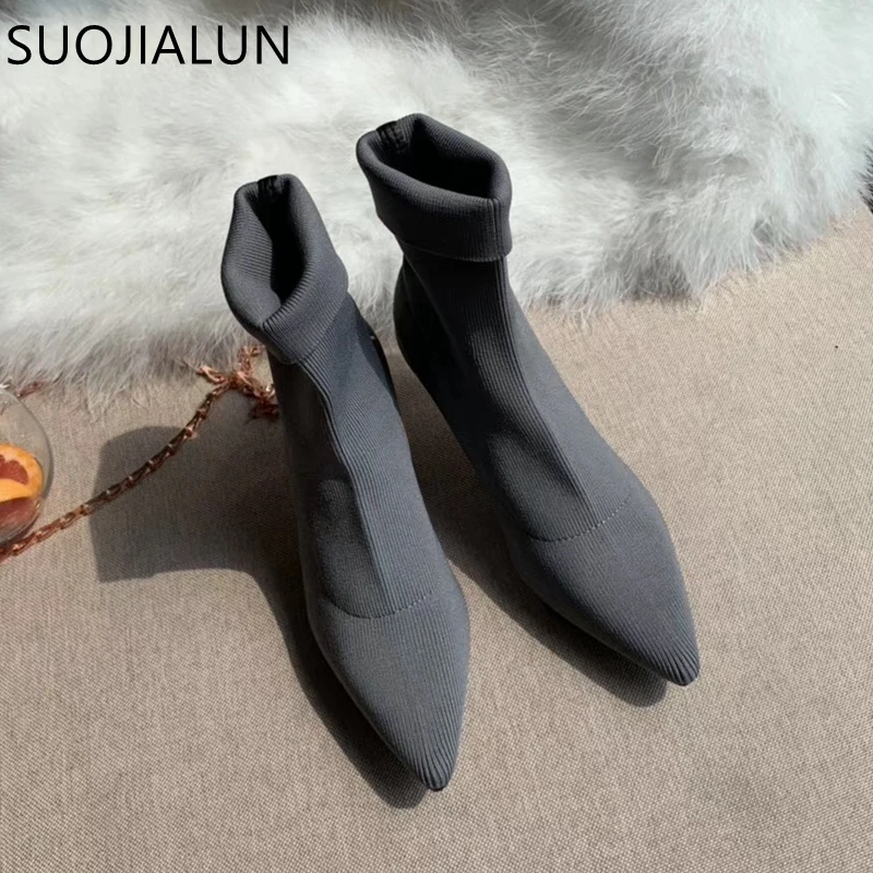 SUOJIALUN/женские ботильоны; коллекция года; сезон весна-осень; модные растягивающиеся ботинки с острым носком на высоком каблуке; пикантные женские туфли-лодочки; ботинки