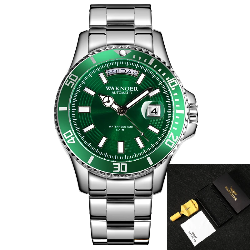 silver green Мужские автоматические часы от ведущего бренда, роскошные механические мужские часы с двойным календарем, Бизнес водонепроницаемые спортивные часы - Цвет: silver green