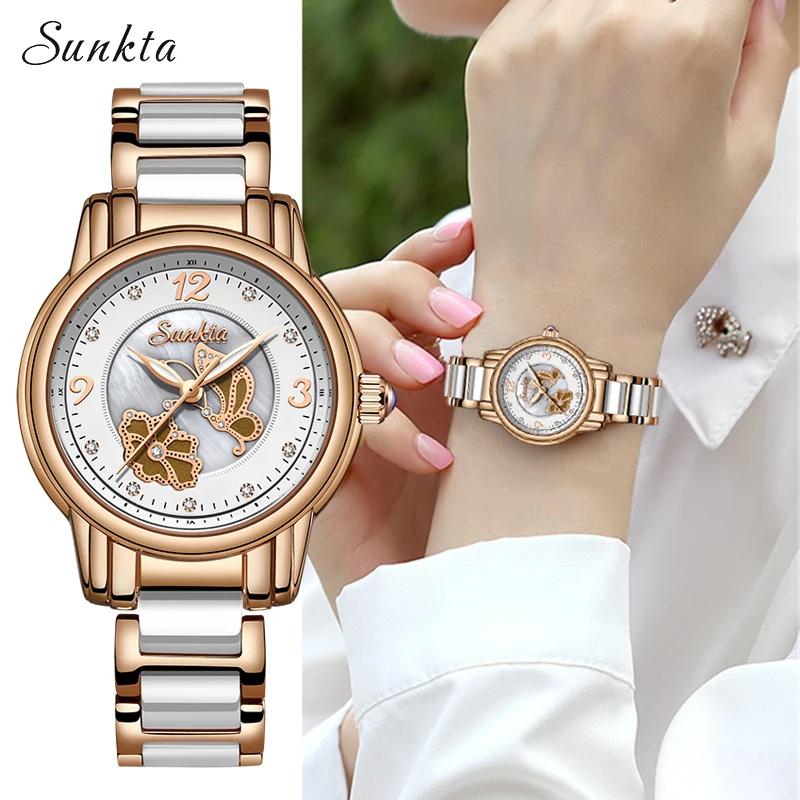 

Sunkta Ceramic Rose Gold Watches Women Simple Fashion Waterproof Diamond Watch Sport Casual Quartz Ladies Watch Reloj Mujer+Box
