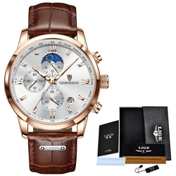 LIGE Men's Fashion Quartz Chronograph Watch - Moon Phase, Leather, Waterproof Sports Design (Gold White)