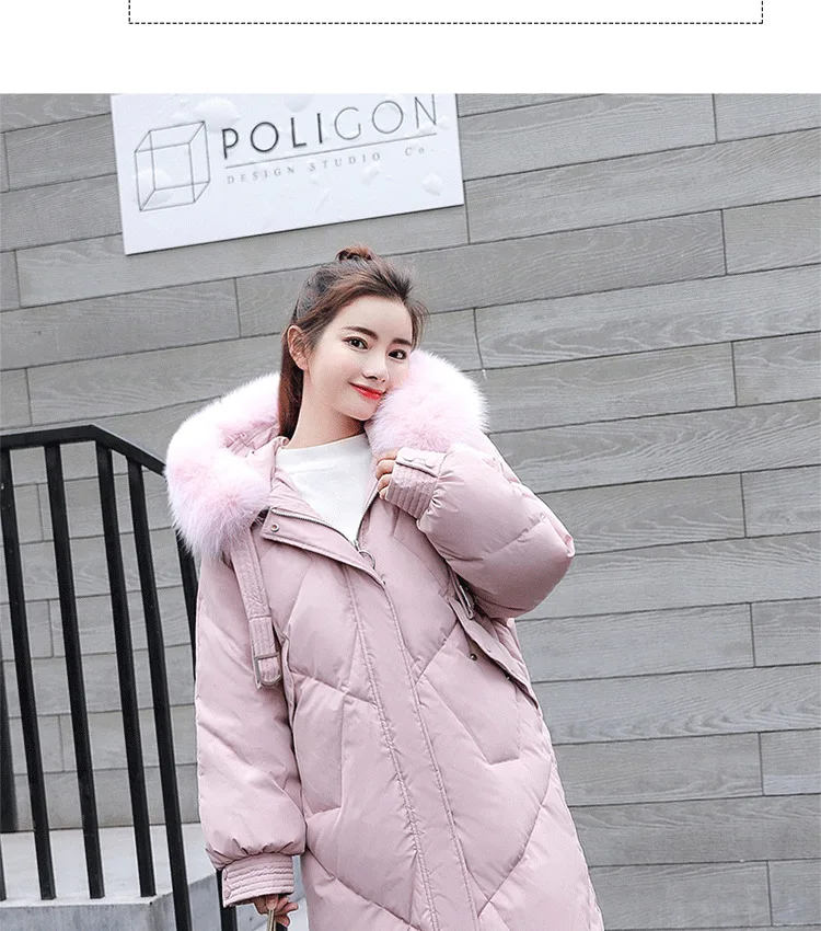 Южная Корея Dongdaemun толстый длинный кокон выше колена ультра большой меховой воротник белый утиный пух куртка Женская 18 зима