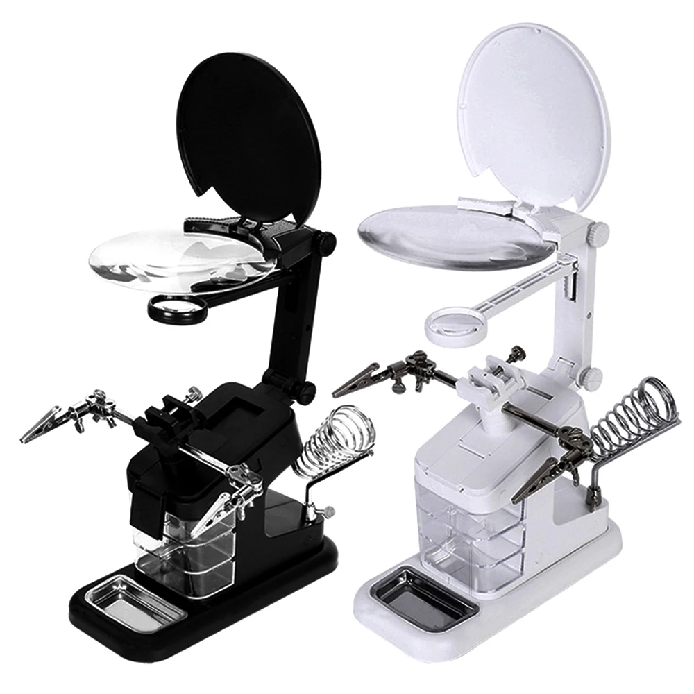 Soldering Iron Welding Magnifying Glass 2 LED 3X 4.5X 25X Helping Hand Rework Magnifier with 3 Tools Boxes Desk Station Repair