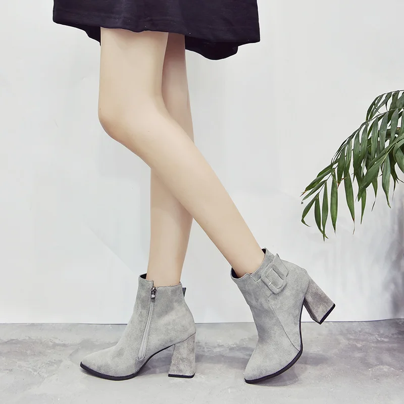 

Women's Boots 2018 Winter New Style Korean-style Versatile Suede Bootie Pointed Toe Chunky Heel Martin Boots