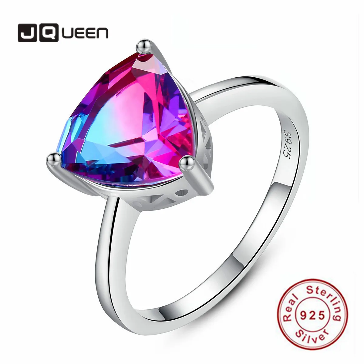 

JQUEEN 925 Sterling Silver Ring Luxury Rainbow Stone Jewelry Ring Women Wedding Geometric Triangle Jewelry
