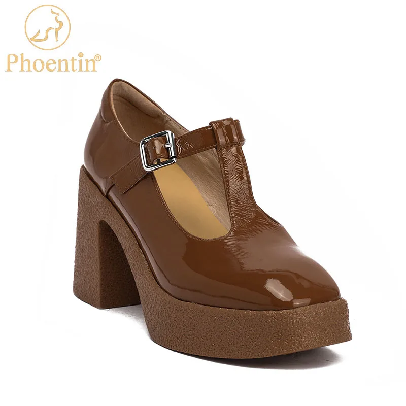 

Phoentin Brown T-strap thick high heel shoes 2021 chunky patent leather mary jane pumps women square toe platform shoes FT1386