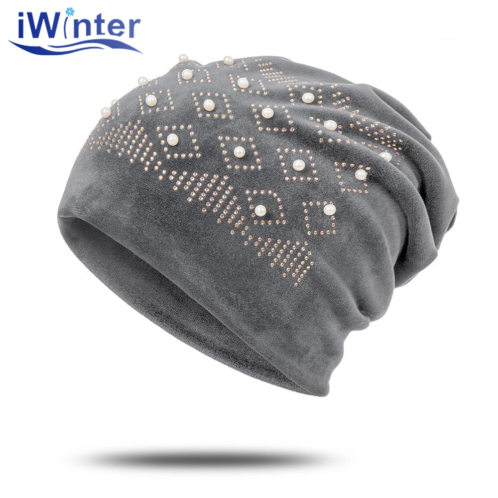 IWINTENew зимняя женская шапка бархатная теплая Skullies Beanies Женская Повседневная яркая перламутровая шапка роскошная женская шапка