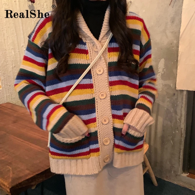 

RealShe Rainbow Sweater Women Long Sleeve V-neck Buttons Striped Cardigan Sweaters Womens Spring Loose Casual Jumper Women 2020