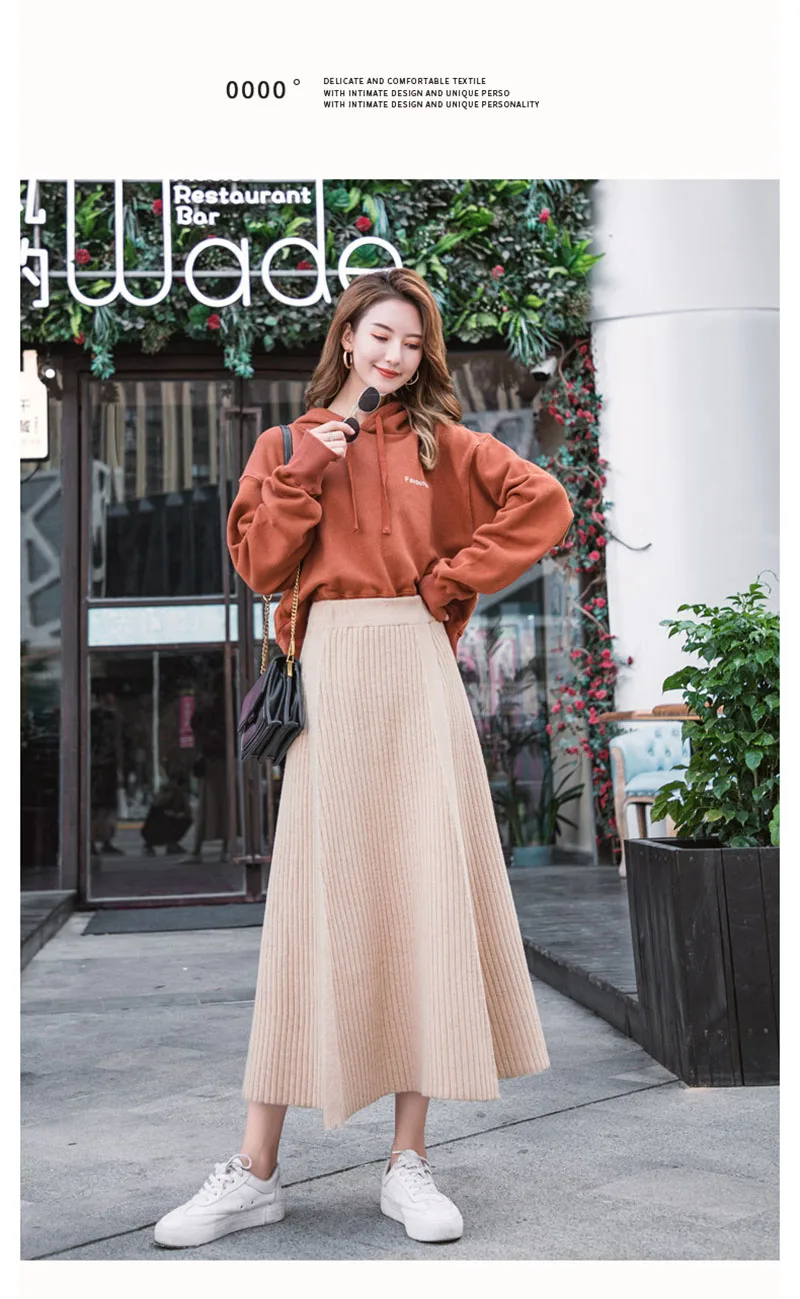 Women's Knit Skirt Autumn Winter New High Waist Solid Color A-line Pleated Knit Skirt Office Lady Wild Warm Long Skirt ML291