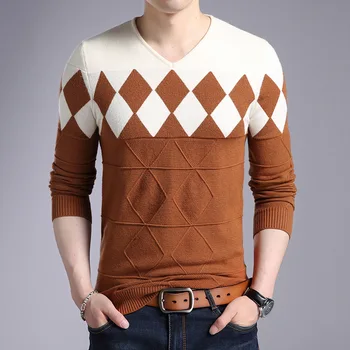 

2020 Men's New V-neck Diamond Block Sweater Youth Pullover Thin Color Matching Base Sweater