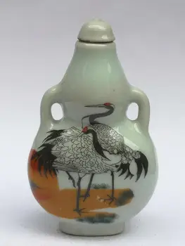 

YIZHU CULTUER ART Collected Old Chinese Famille rose Porcelain Painting Crane Flowers Snuff Bottle Decoration Gift
