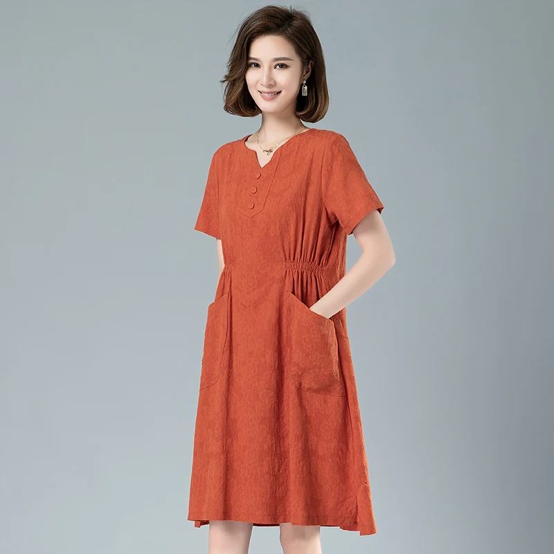

Chinese Style Casual V Collar Short Sleeve Plus Size 3XL Cotton Dress Women High Waist Double Pockets Loose Dresses 2021 Summer