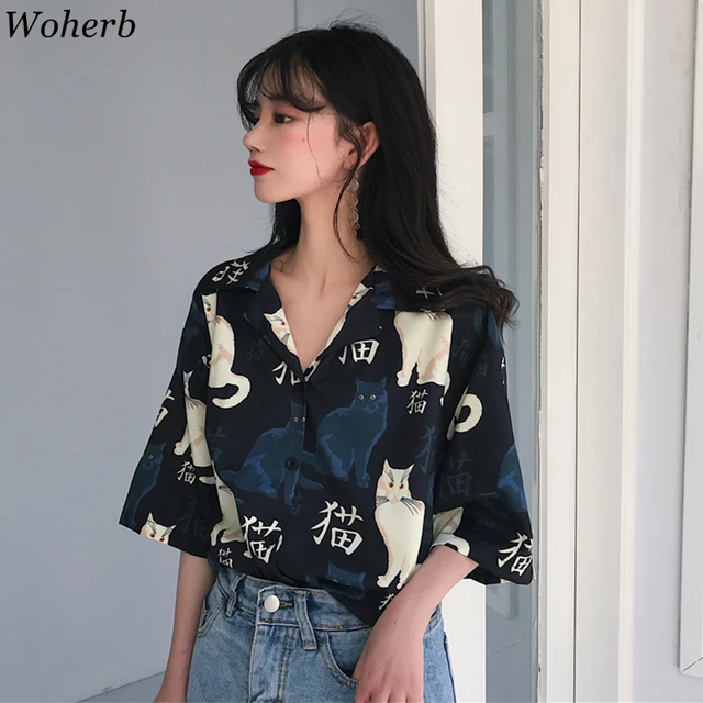 Блузка Woherb в стиле Харадзюку Женская, топ свободного покроя, модная одежда в Корейском стиле, милая рубашка с мультяшным принтом кошки 1