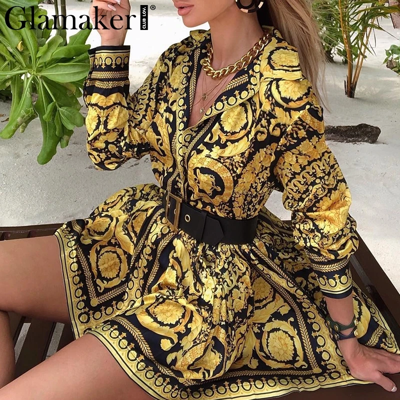 Meilleur Glamaker Sexy paisley vintage impression or robe femmes col en v courte blouse robe automne élégant fête club robe grande taille robe