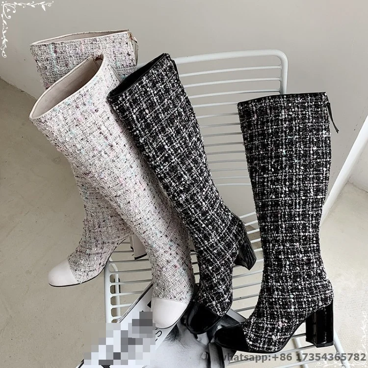 

Patent Leather Round Toe Chunky Heel Back Zipper Knee Boots Plaid Stitching Fashion Boots Women's High Heel Boots Knight Boots