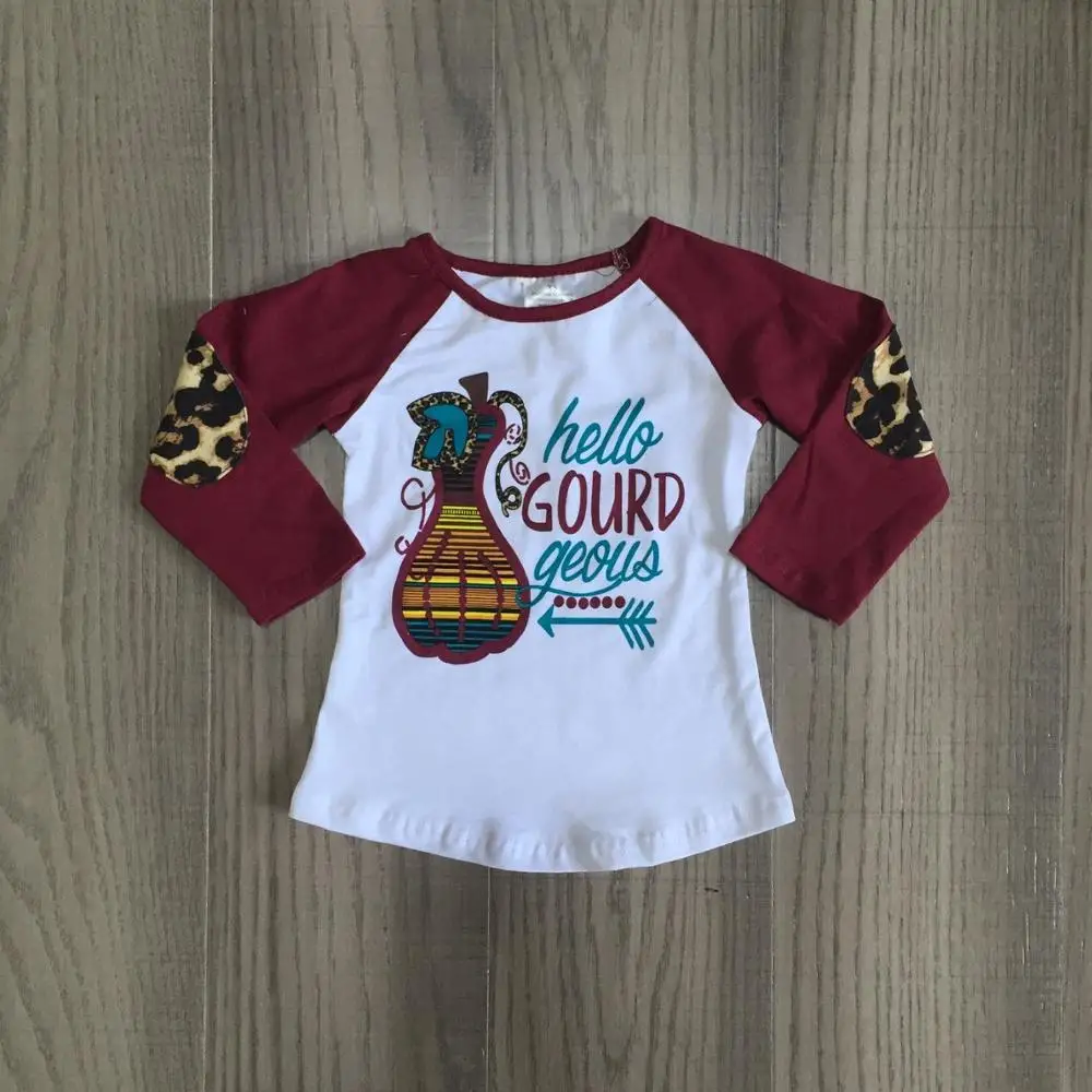 

fall/winter baby girls children clothes boutique wine leopard hello gourd cotton top t-shirt raglans long sleeve patch kids wear