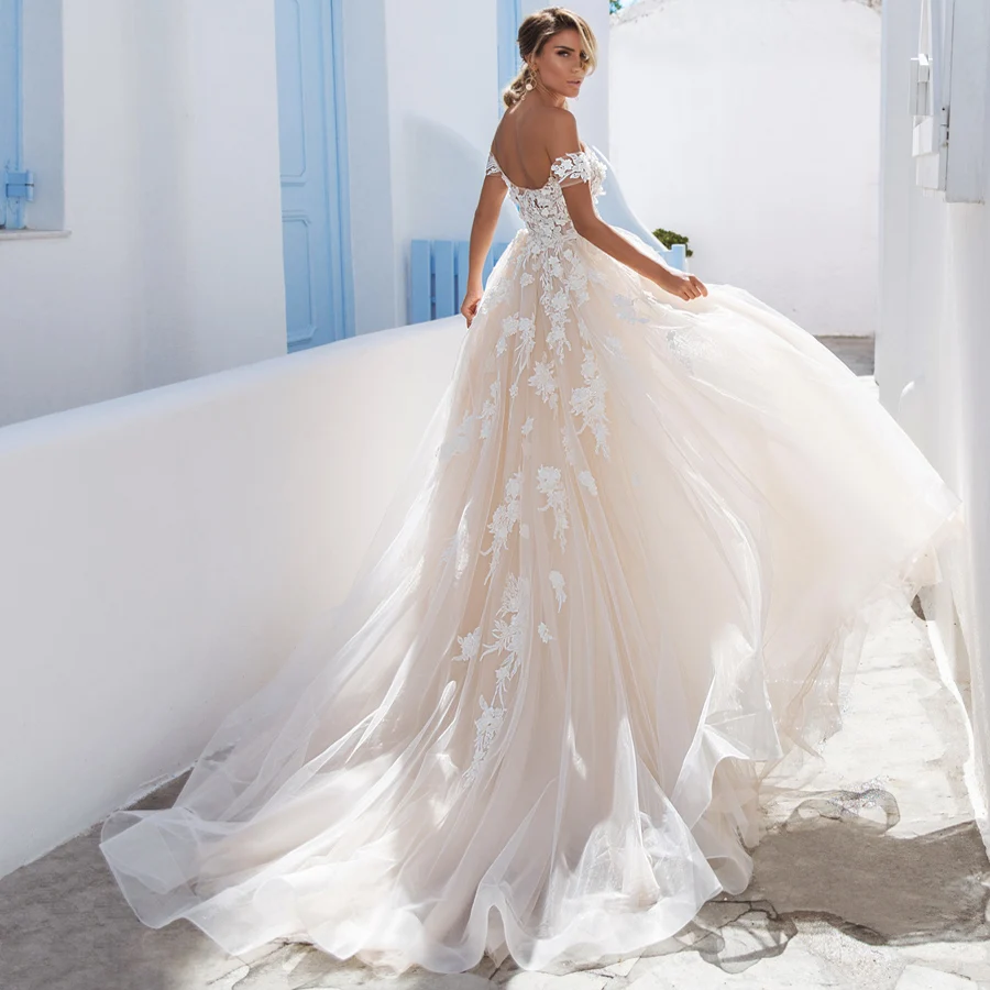 Robe De Mariage свадебное платье с открытыми плечами аппликация без рукавов цветок А-силуэт Тюль свадебное платье es Sweep Train
