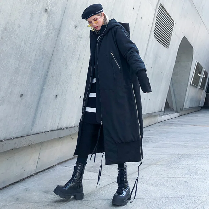MEVGOHOT Winter Warm Hooded Zipper Bandage Streetwear Black Long Overcoat Woman Plus Size Oversized Autumn Wadded Coat HD2671 |