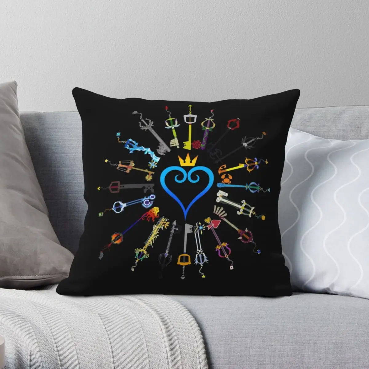 Kingdom Hearts Keyblades Square Federa Poliestere Lino Velluto Stampato Zip Tiro Federa Camera Cuscino 45X45