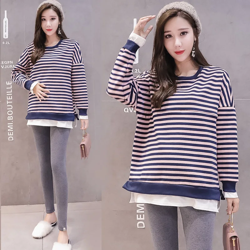 

2019 Pregnant Women Spring Clothing Set New Style Korean-style Striped Shirt Long Sleeve Nursing Feeding Zipper Two-Piece Set