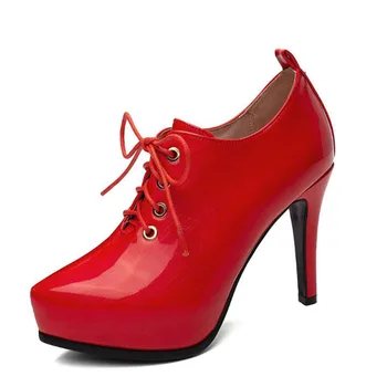 

New Plus Size 34-43 Red Lace Up Platform Booties Pumps Women's Shoes Woman High Heels OL Lady Shoes Sexy Wedding Shoes