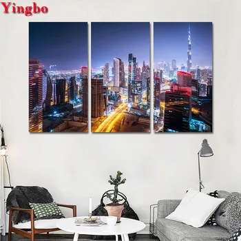 

5d diy diamond painting cross-stitch 3 Pieces Dubai City Building night view Diamond Embroidery round square Cross Stitch kits