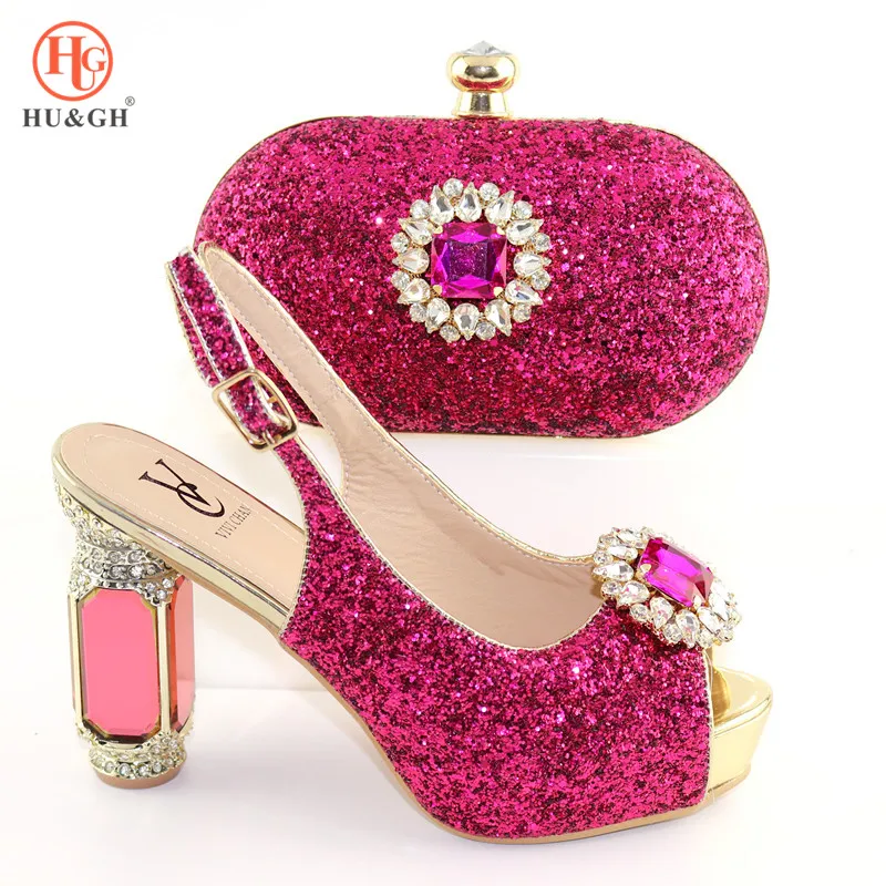 

2019 Fuchsia Shoe and Bag set for Party Italian Shoe with Matching Bag New Design Rhinestones High Heels Wedding Shoe and Bag