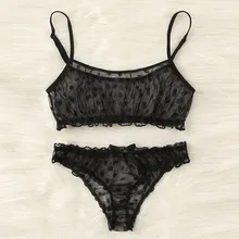LNCDIS Ondergoed Vrouwen Sexy Dot Mesh Beha Strik Underpants Nachtkleding Black Lace hollow Lingerie Set S-XL Dunne perspectief(China)