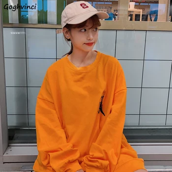 

Hoodies O-Neck Cartoon Printed Mid-long Oversized Simple Cute Womens Pullover Streetwear Breathable Long Sleeve Sweet Ladies