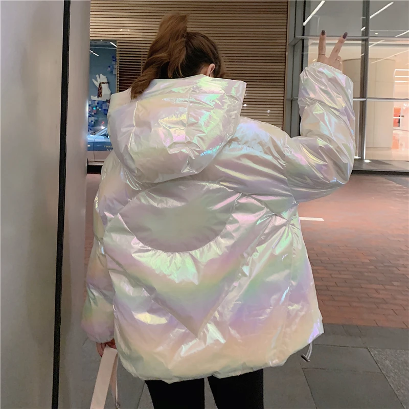 Harajuku цветная уличная Глянцевая зимняя куртка большого размера Женская Толстая стеганая верхняя одежда блестящая куртка с завязками хлопковые парки