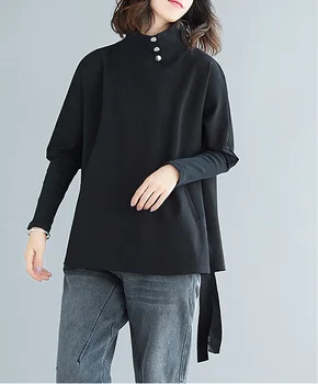 

Fannic Loose Fit Black Ribbon Split Sweatshirt New High Collar Long Sleeve Women Big Size Fashion Tide Autumn Winter 2019