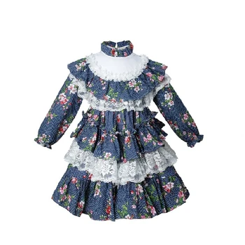 

2-10Y Baby Girl Summer Autumn Navy Blue Floral Long Sleeve Vintage Turkey Lolita Princess Dress for Girls Casual Party Dress