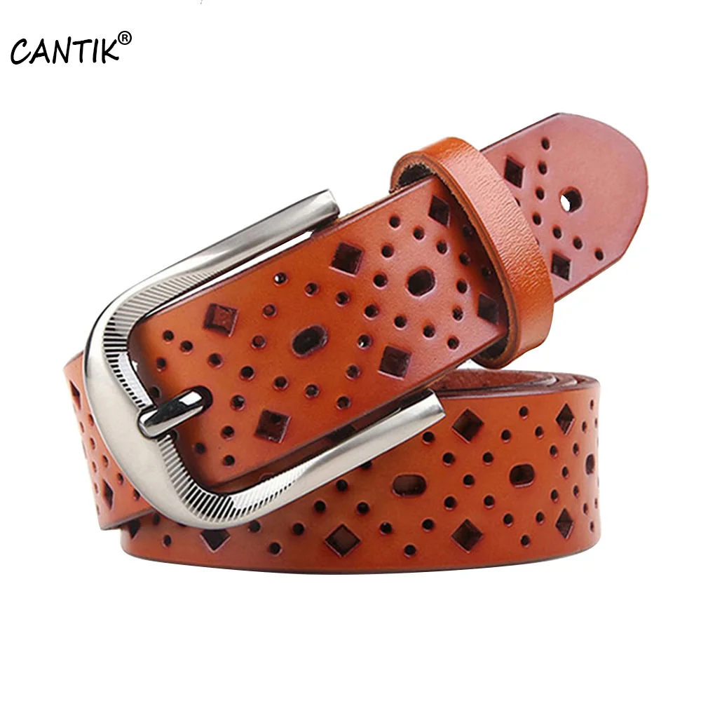 CANTIK Ladies Quality Hollowed Pattern Genuine Leather Belts Retro Style Jeans Clothing Accessories for Women 3.2cm Width FCA089