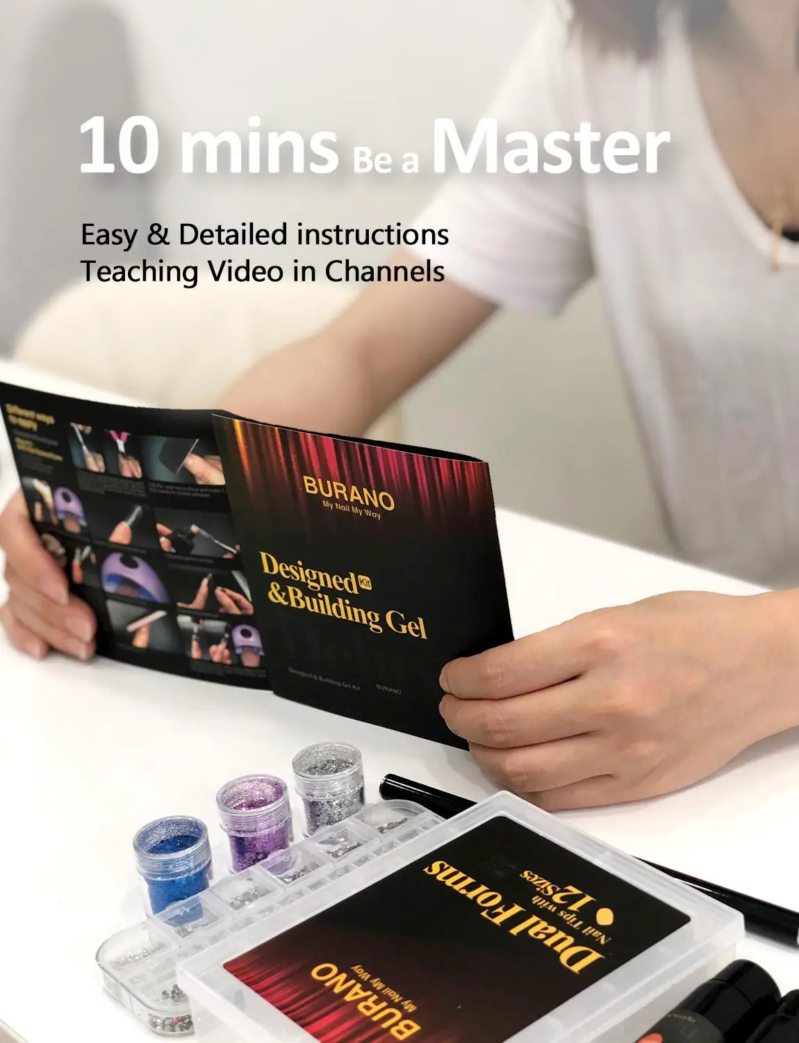 Günstige BURANO Deluxe Poly Nagel Gel Starter Kit mit 7 Farbe Builder Gel, 3 Boxen Glitter Nagel Pailletten, AB Kristall Strass, Temperatur Farbwechsel Erweiterung Nagel Kunst Verbesserung Kit mit Slip Lösung