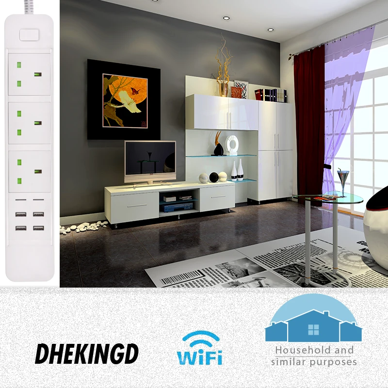 Wifi смарт Мощность полосы 3 UK розетки разъем с 4 USB быстрой зарядки Порты и разъёмы