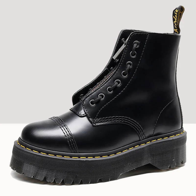 

Thick-soled Martin Boots Women Front Zipper Black leather British Female Short Boots Trifle Lace botas de mujer wild women shoes