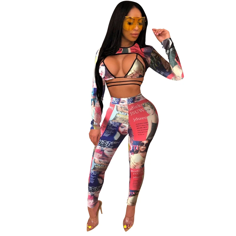 red 2 piece set Adogirl газетный принт женский сексуальный комплект из 3 предметов крест накрест бюстгальтер на шнуровке с длинным рукавом укороченный Топ Футболка Карандаш Брюки Клубные костюмы - Цвет: red 2 piece set