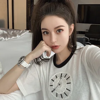 

2020 New Summer Women T-Shirt Short Sleeve Black White O-Neck Casual Fashion Elegant Tee Embroidery Beaded Clock Pattern