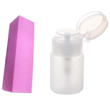 

1x 70Ml Nail Art Makeup Polish Plastic Pump Dispenser Bottle & 10 Pcs Pink Buffer Buffing Sanding Block File Manicure