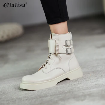 

CIALISA Women Shoes 2020 Fashion Metal Decoration White Warm Ankle Boot Genuine Leather Handmade Round Toe Low Heel Lace UP Boot