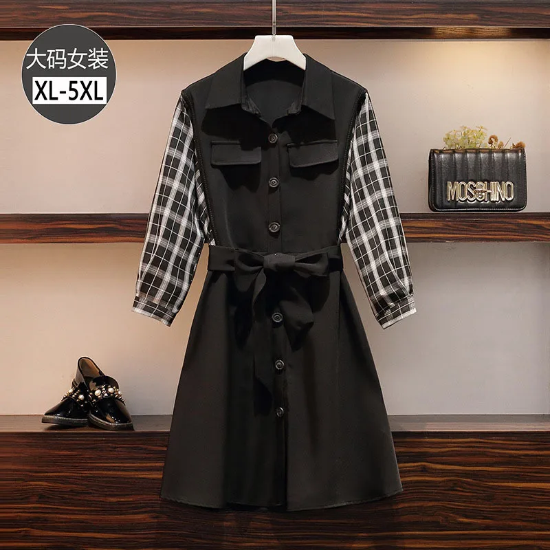 

2020 Spring Clothing Large Size Dress Fat Mm Single Breasted Lace-up Waist Hugging Loose-Fit Slimming Joint Plaid Mixed Colors D