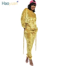 HAOYUAN Золотой Бархатный комплект из двух предметов, женские спортивные костюмы, осенняя зимняя одежда, Свободный Топ и штаны, велюровый спортивный костюм размера плюс, одежда