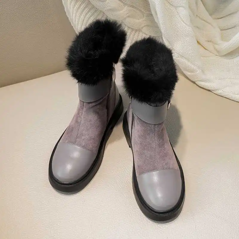 Krazing Pot/сапоги из флока с пряжкой и жемчугом; женские зимние теплые удобные ботильоны для отдыха на меху с круглым носком на среднем каблуке; L6f5 - Цвет: Серый