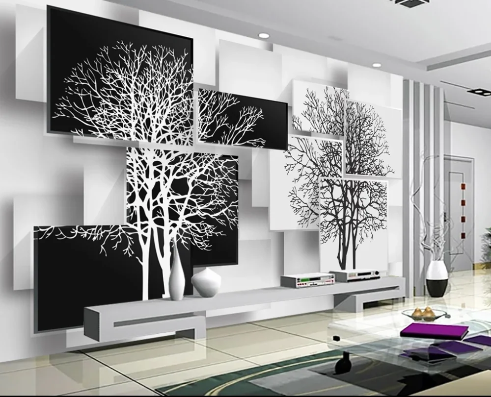 

Customized 3D wallpaper simple atmosphere black and white big tree 8D mural bedroom living room sofa TV background wall