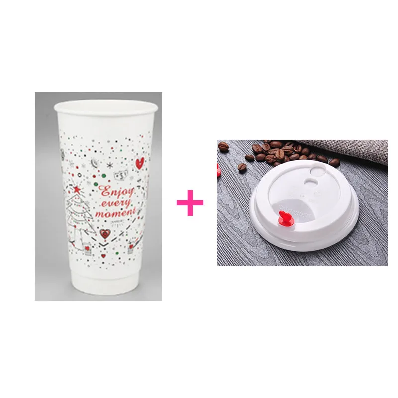 cup and lid 50 шт. одноразовая Рождественская Новогодняя красная кофейная чашка с двойными стенками для чая, изоляция горячих напитков, вечерние бумажные чашки с крышкой - Цвет: cup and lid
