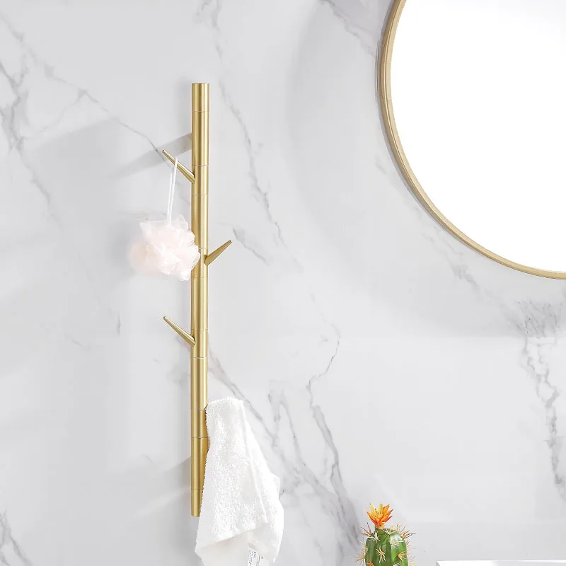 

Brushed Gold Bathroom Creative Coat Rack Wall Mount Hook Hanger Solid Wood Coat Hook Towel bar Bathroom Accessories