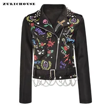 

ZURICHOUSE Fashion Graffiti Print Women's Leather Jacket Slim Short Streetwear Punk Rivet Chain Locomotive Coat Mujer