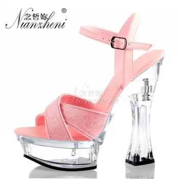 

Pink Flash powder Bling Shallow Hollow Open Toe 14cm Super High heeled shoes 6 inches Women's Sandals Bride Wedding All match