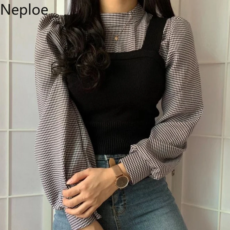 

Neploe Ins Half High Neck Lantern Long Sleeve Blouse Slim Fit Knit Camis Top Stand Autumn Spring 2020 New Shirt Plaid Blusas