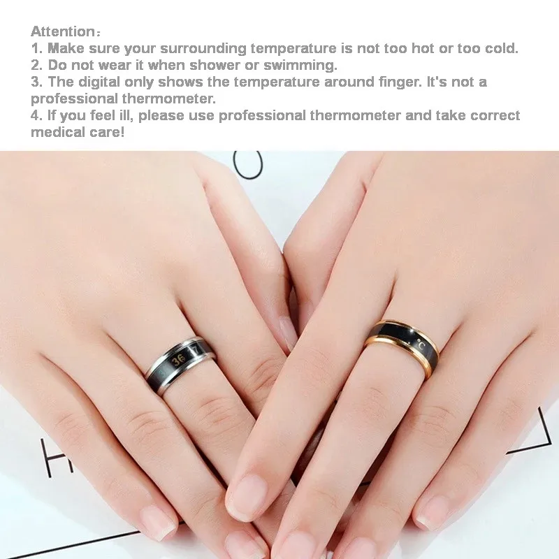 Suitable Size Titanium Steel Wave Rings-Gold-7# Digital Thermometer Body Temperature Sensor Smart Rings Wedding Couple Lovers Rings Temperature Monitor Rings 